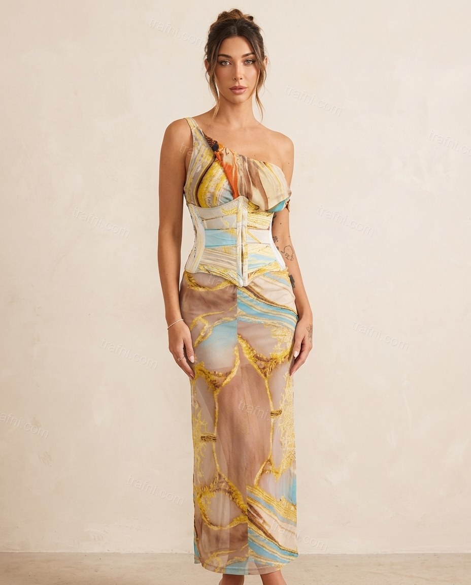Yellow Abstract Asymmetric Lace Dress, full-length hero view, by trafni.com