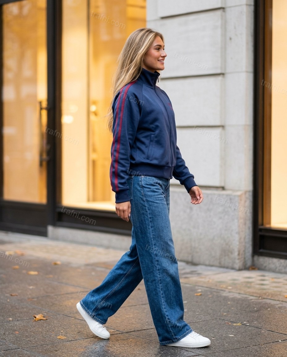 Navy Blue Striped Embroidered Ribbed Jacket, walking lifestyle view, by trafni.com