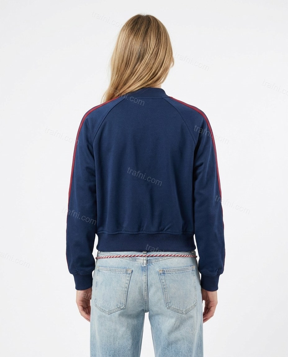 Navy Blue Striped Embroidered Ribbed Jacket, back studio view showing plain back construction, by trafni.com