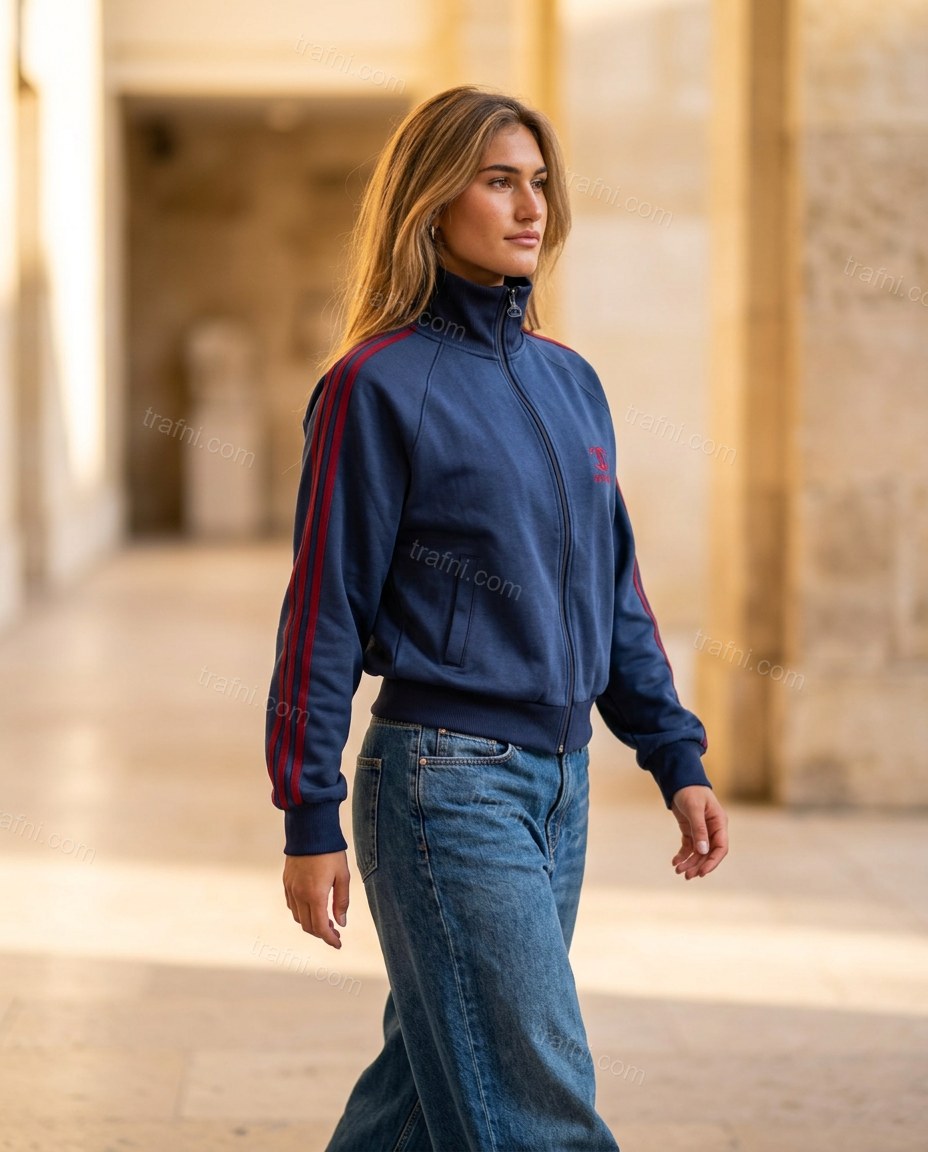 Navy Blue Striped Embroidered Ribbed Jacket, alternate use-case lifestyle view, by trafni.com