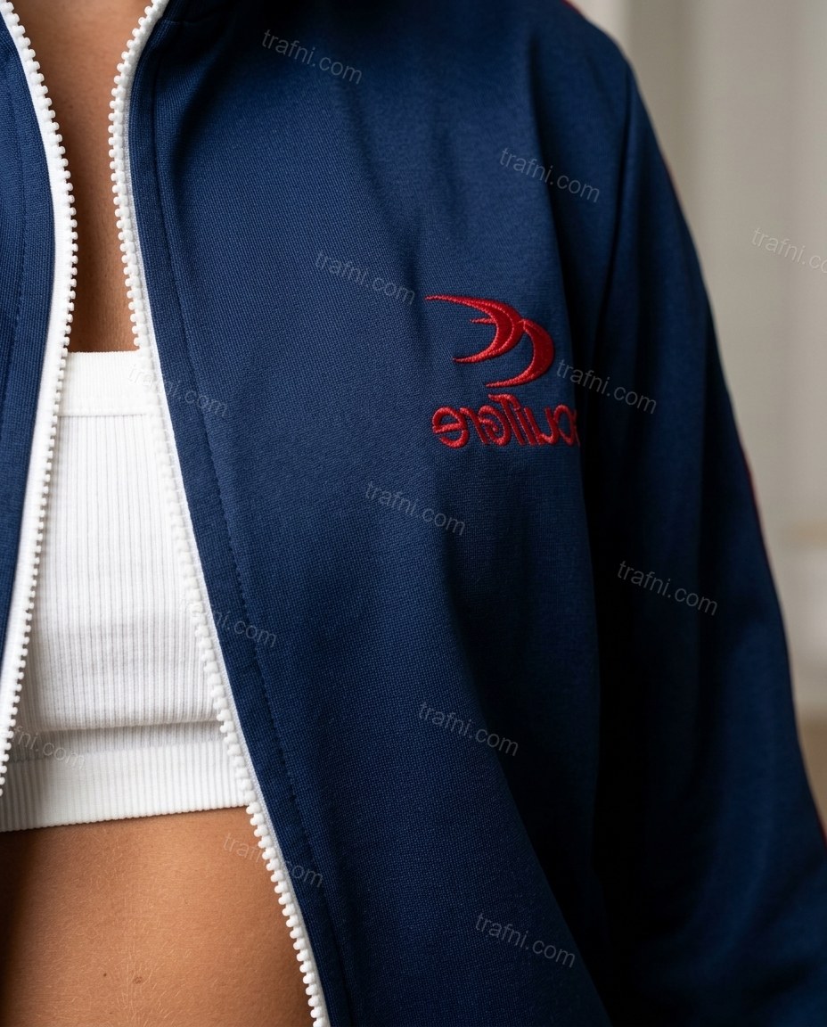Navy Blue Striped Embroidered Ribbed Jacket, close-up of striped, by trafni.com
