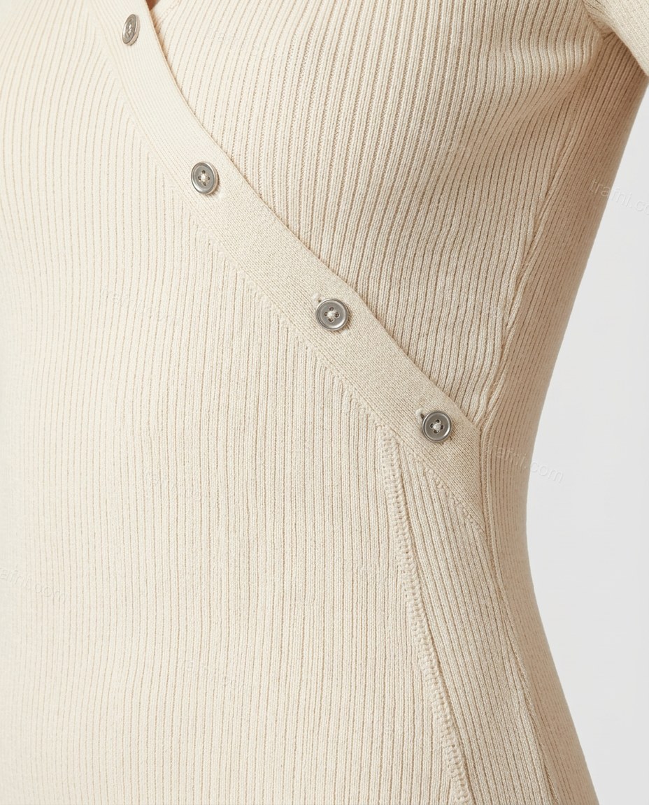 Cream Midi Knit Dress, close-up of button placket, short sleeves and midi length, by trafni.com