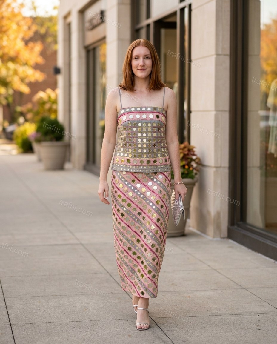 Pink Geometric Mirror-Disc Skirt Set, movement and fit lifestyle view, by trafni.com