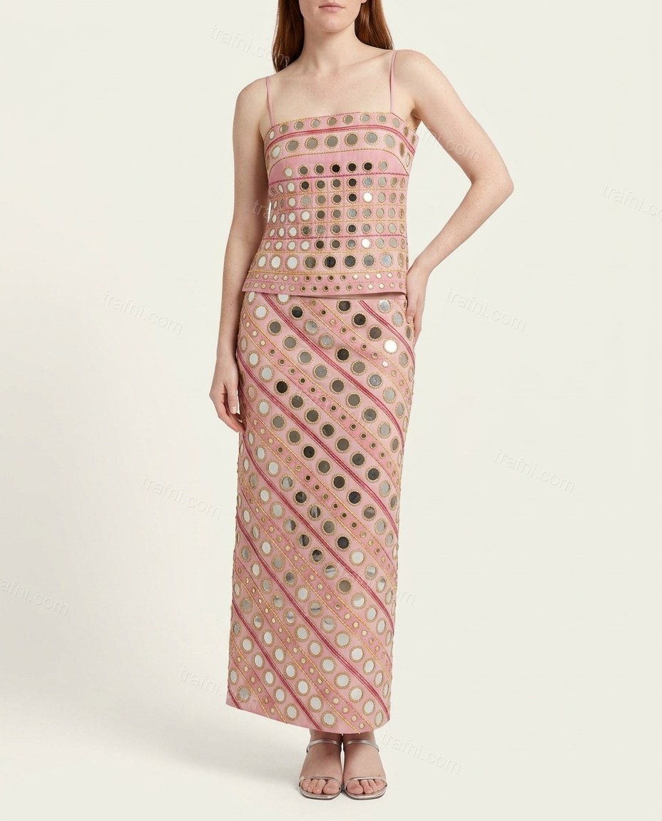 Pink Geometric Mirror-Disc Skirt Set, front studio view, by trafni.com