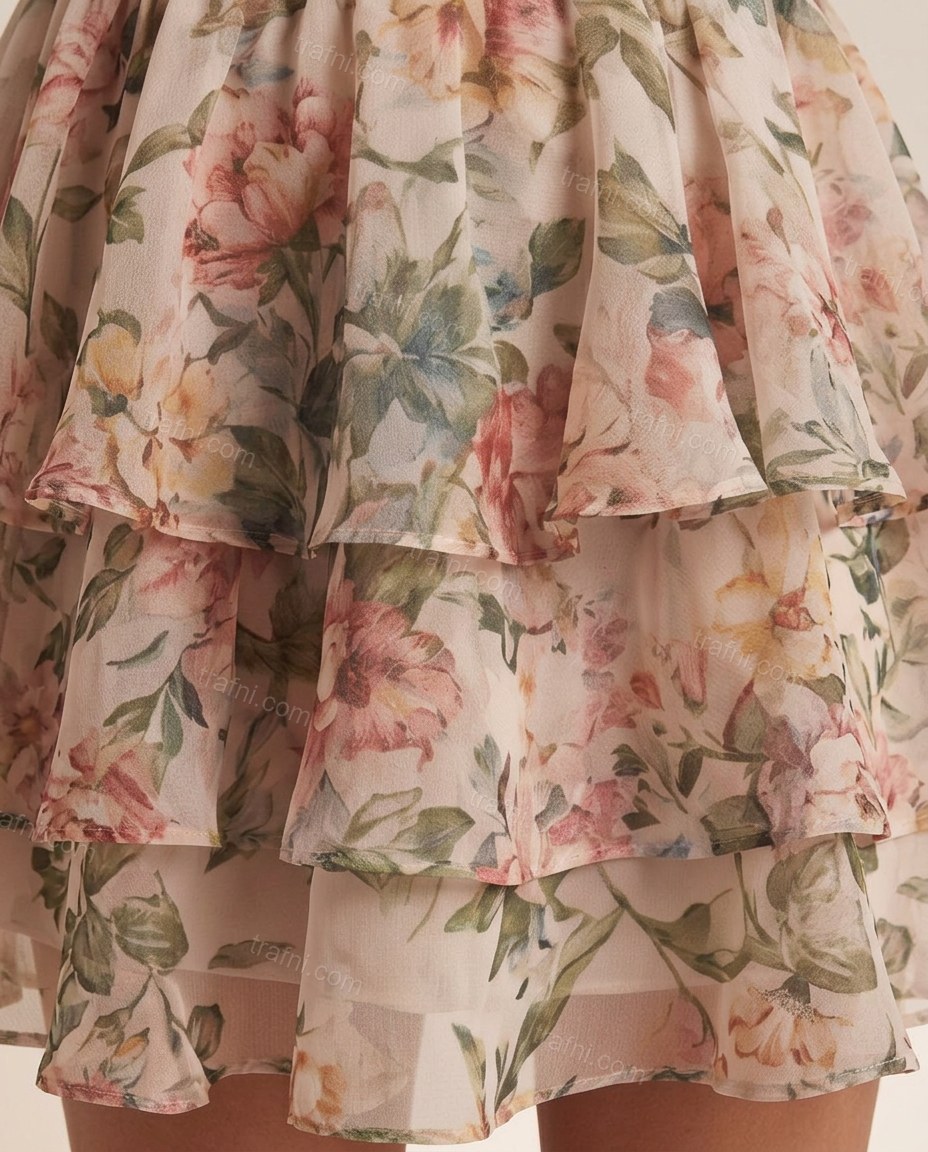 Beige Floral Mini Open-Back Dress, close-up of floral, by trafni.com