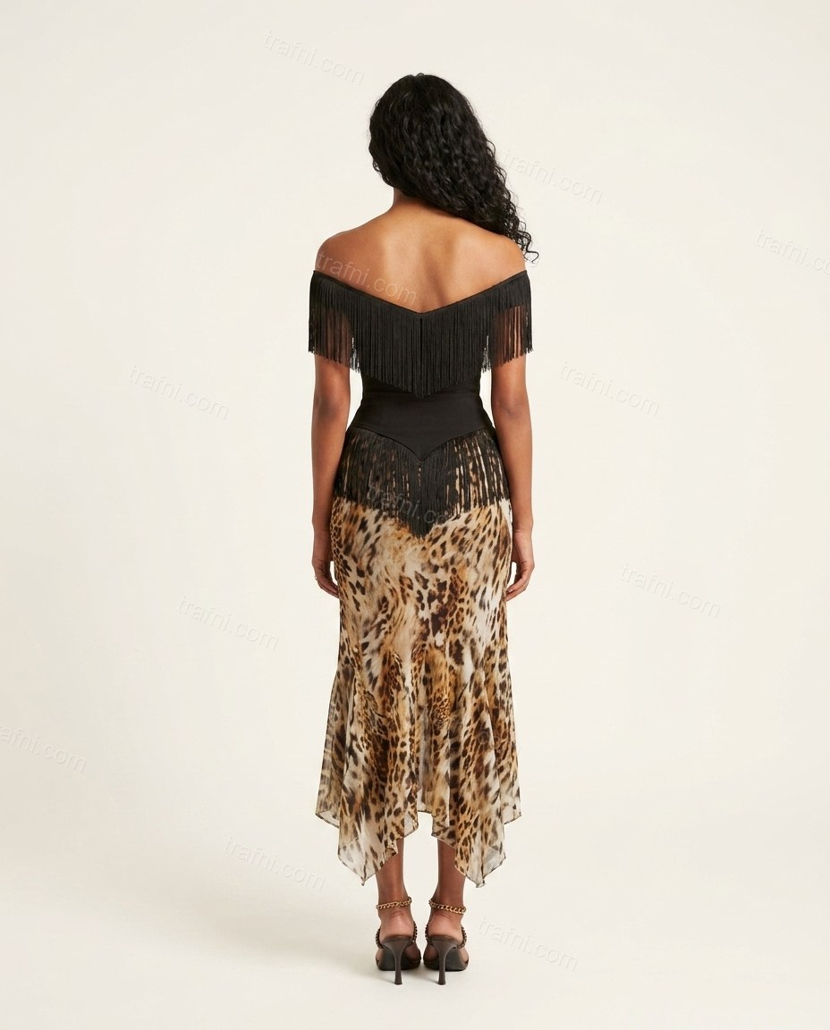 Dark Brown Animal Print Maxi Off-Shoulder Top & Skirt Set, back studio view showing fringe detail continues across the back neckline, by trafni.com