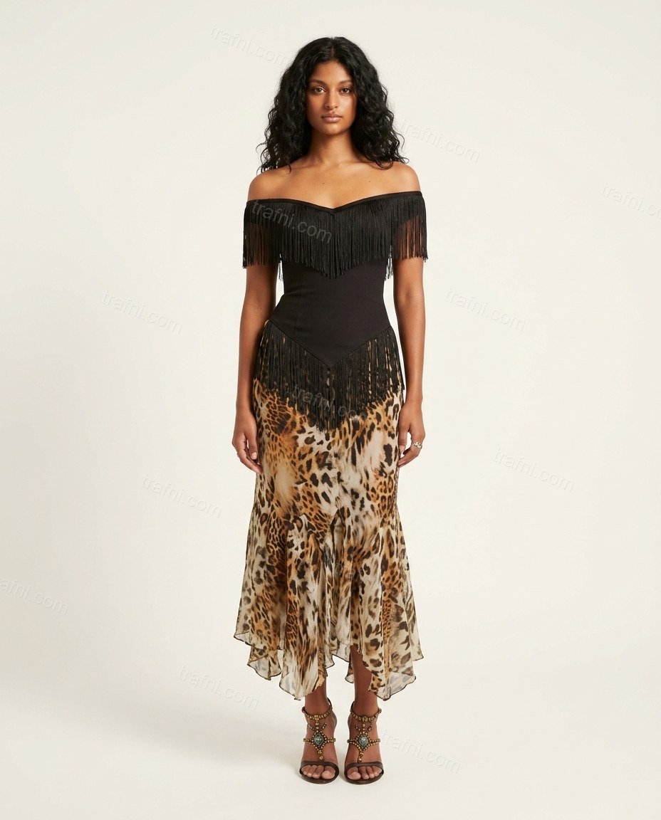 Dark Brown Animal Print Maxi Off-Shoulder Top & Skirt Set, front studio view, by trafni.com