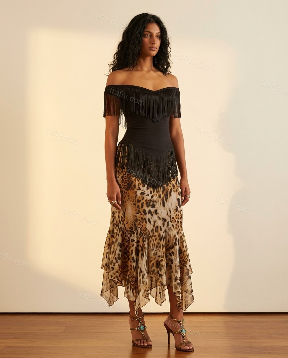 Dark Brown Animal Print Maxi Off-Shoulder Top & Skirt Set, full-length hero view, by trafni.com