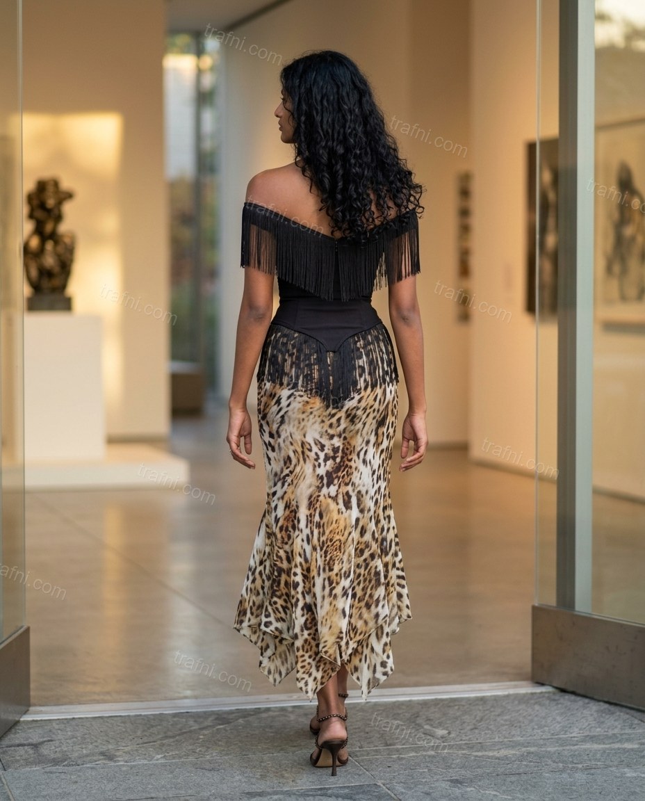 Dark Brown Animal Print Maxi Off-Shoulder Top & Skirt Set, alternate use-case lifestyle view, by trafni.com