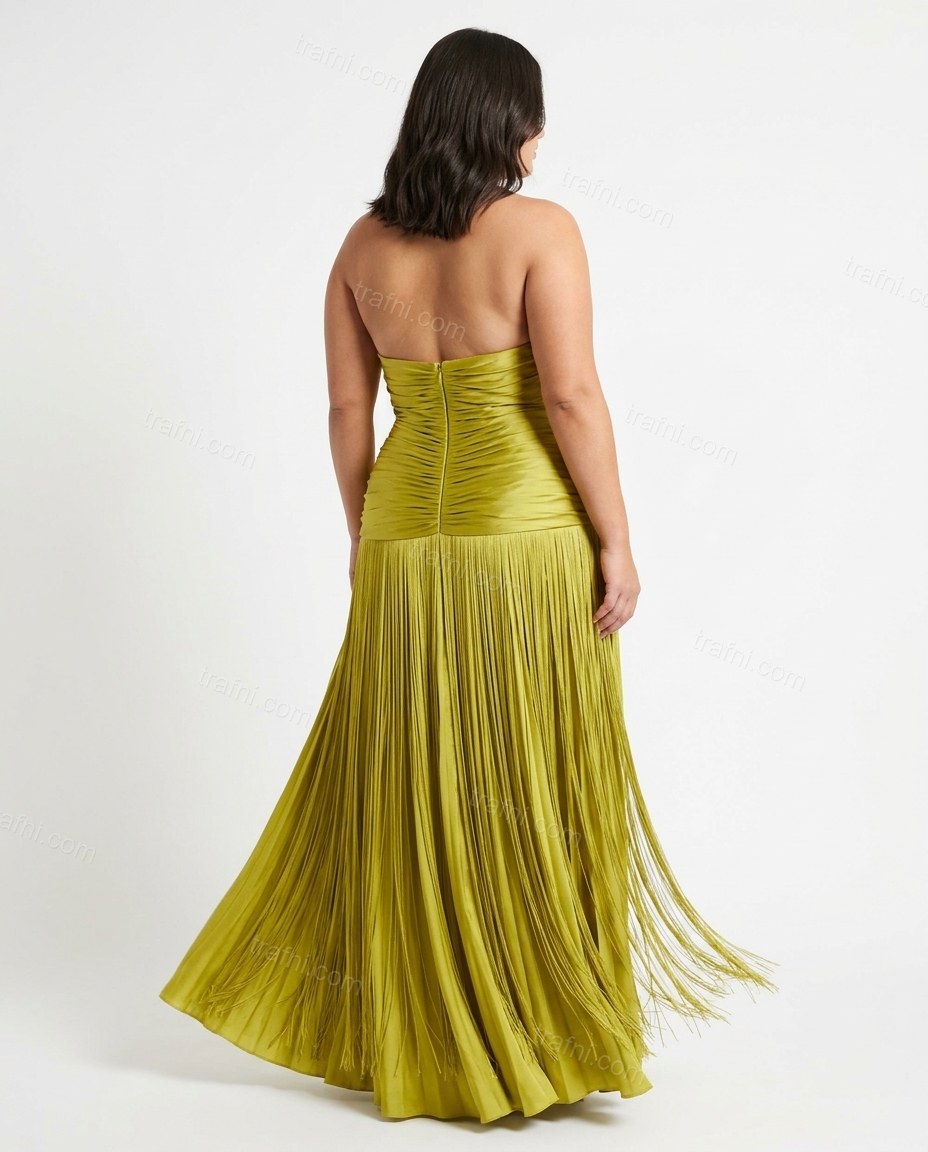 Chartreuse Maxi Halter Pleated Dress, back studio view showing fitted with ruched detailing, by trafni.com