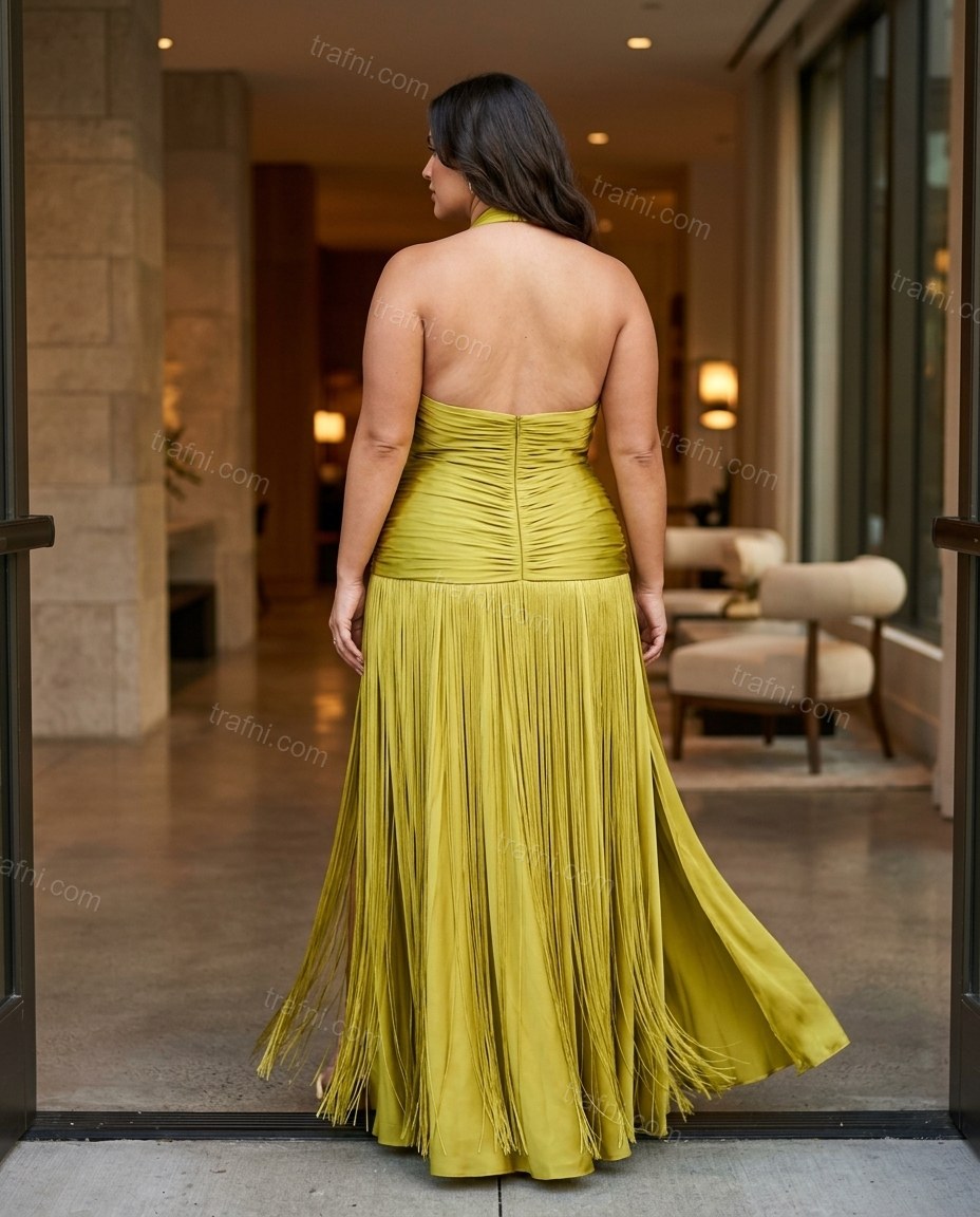 Chartreuse Maxi Halter Pleated Dress, alternate use-case lifestyle view, by trafni.com