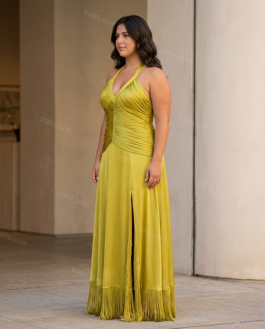 Chartreuse Maxi Halter Pleated Dress, walking lifestyle view, by trafni.com