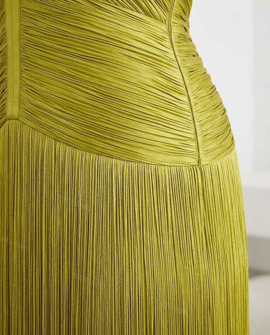 Chartreuse Maxi Halter Pleated Dress, close-up of halter neck, deep v-neck and ruched bodice, by trafni.com