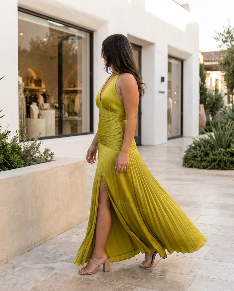 Chartreuse Maxi Halter Pleated Dress, three-quarter brand lifestyle view, by trafni.com