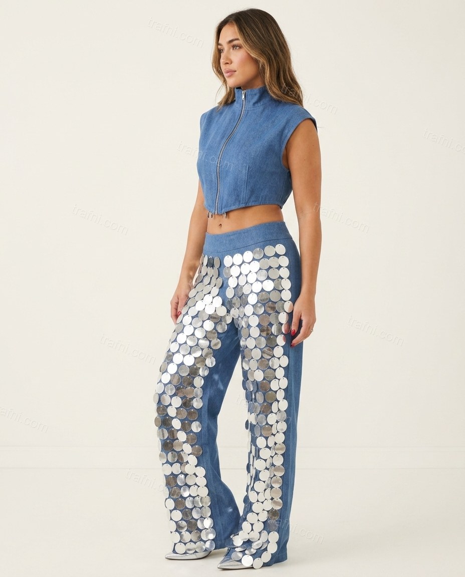 Silver Top & Pants Set, side and back studio view showing not visible, by trafni.com