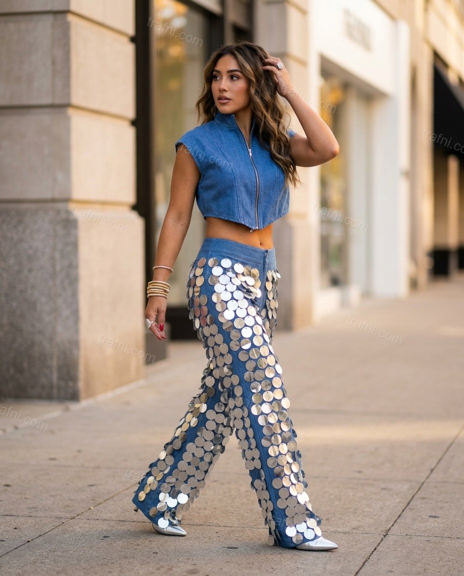 Silver Top & Pants Set, walking lifestyle view, by trafni.com