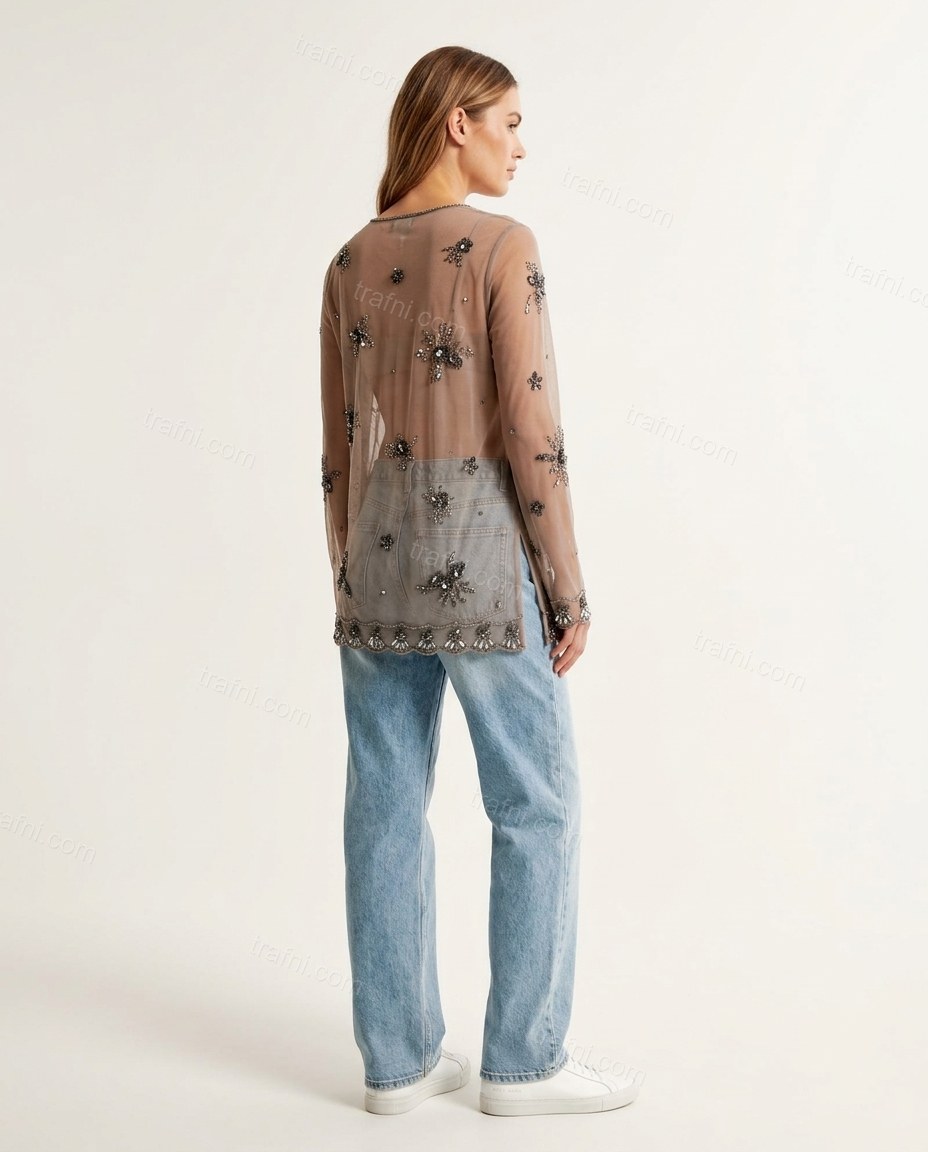 Taupe Abstract Outerwear, back studio view, by trafni.com