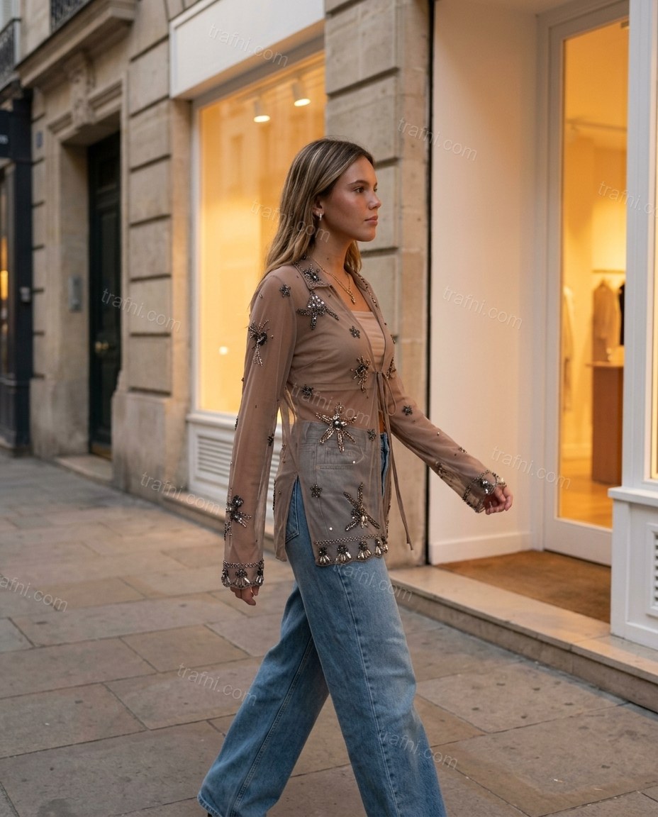 Taupe Abstract Outerwear, movement and fit lifestyle view, by trafni.com