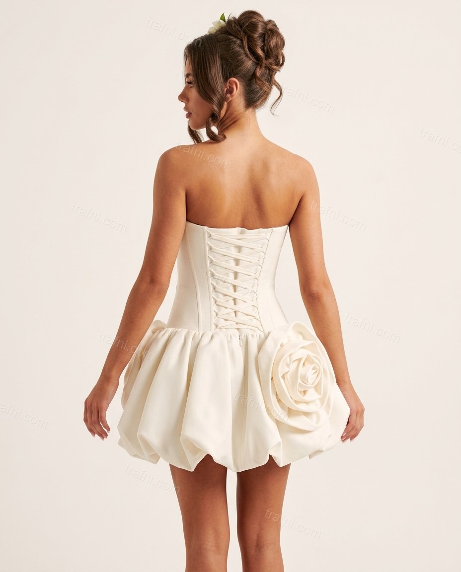 Off-white Mini Strapless Satin Dress, back studio view showing structured back with lace-up detail, by trafni.com