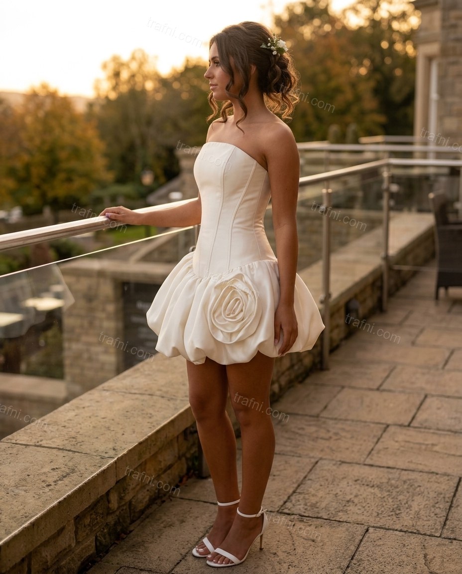 Off-white Mini Strapless Satin Dress, three-quarter brand lifestyle view, by trafni.com
