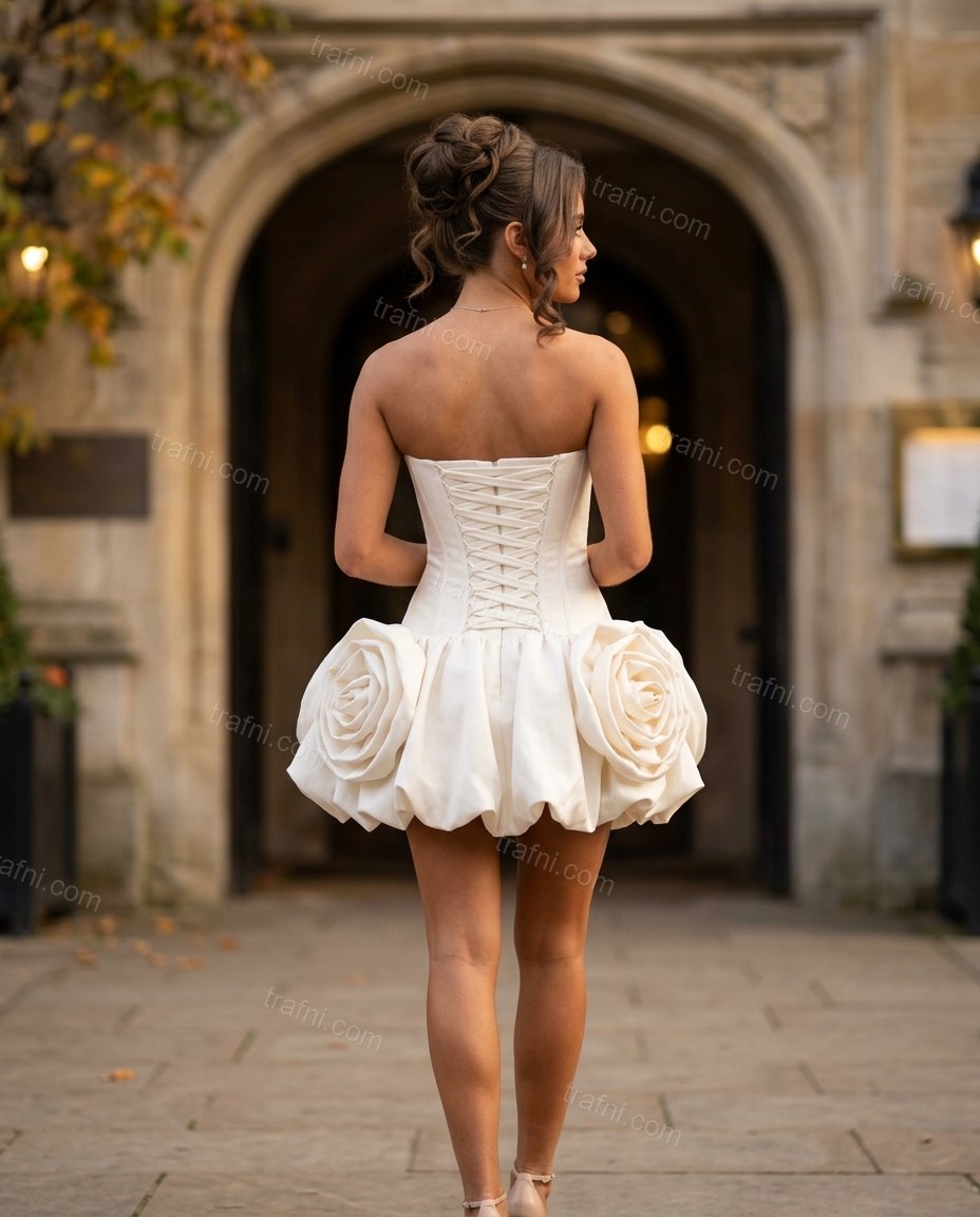 Off-white Mini Strapless Satin Dress, alternate use-case lifestyle view, by trafni.com