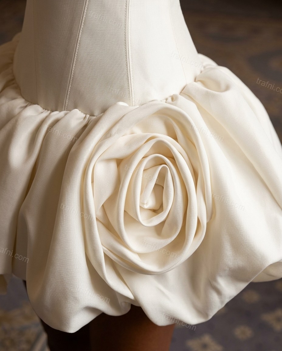 Off-white Mini Strapless Satin Dress, close-up of strapless design, lace-up back closure and voluminous bubble skirt, by trafni.com