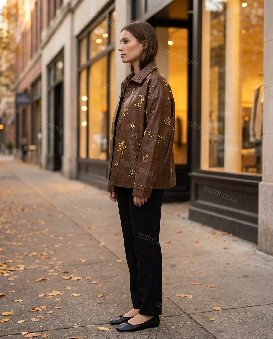Brown Jacket, three-quarter brand lifestyle view, by trafni.com