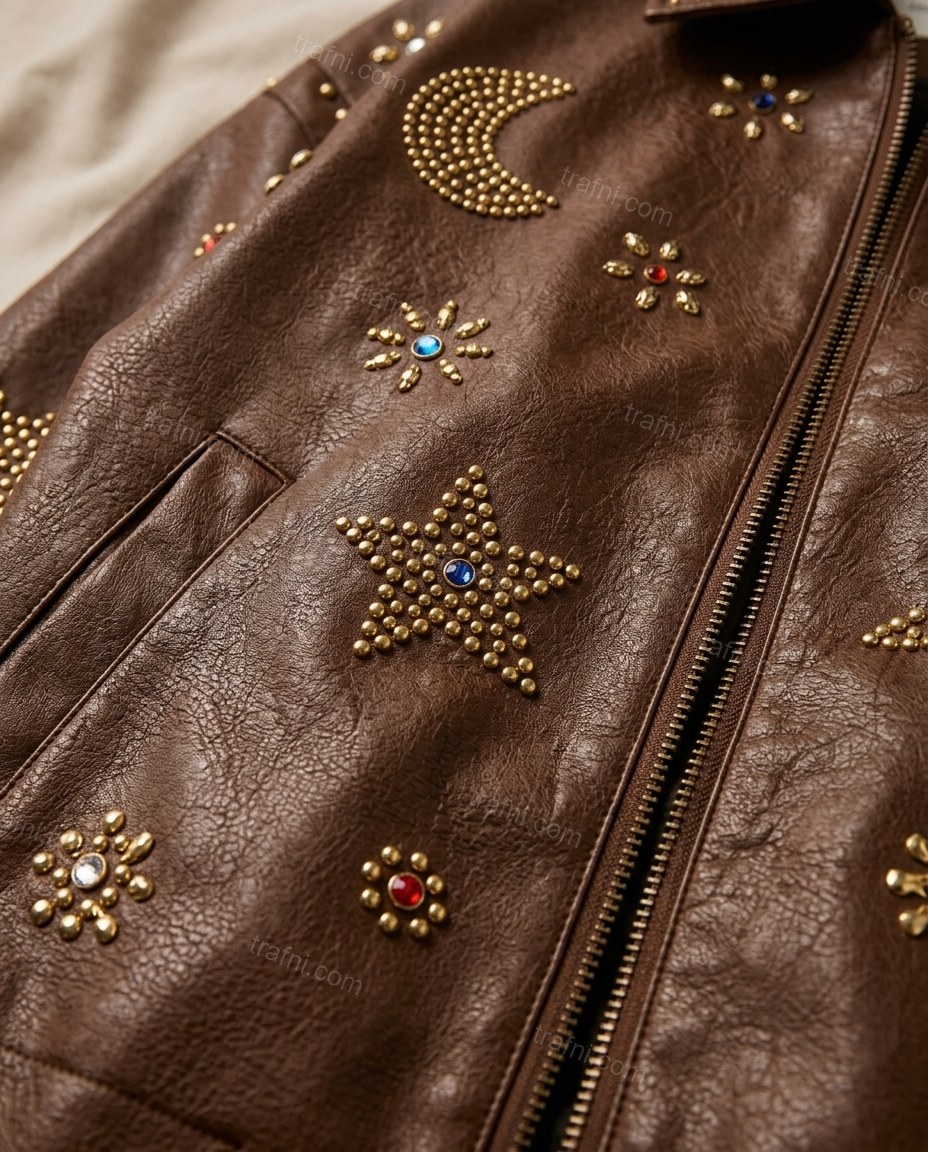 Brown Jacket, close-up of gold and red accents, zipper closure and studded embellishments, by trafni.com