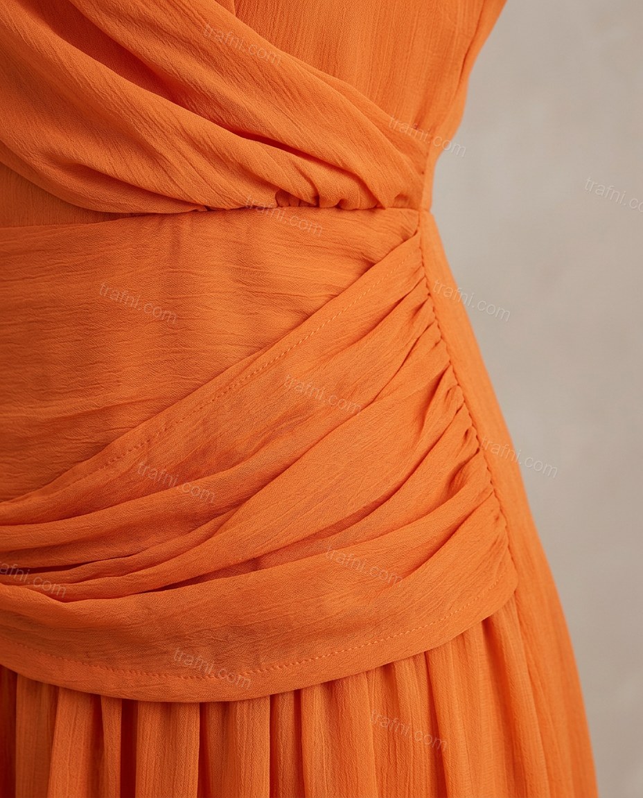 Orange Maxi Dress, close-up of gathered neckline, draped bodice and ruched waist, by trafni.com