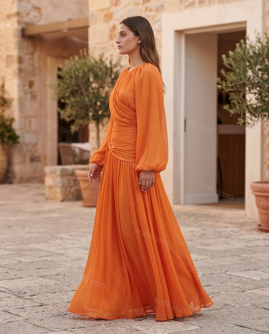 Orange Maxi Dress, walking lifestyle view, by trafni.com