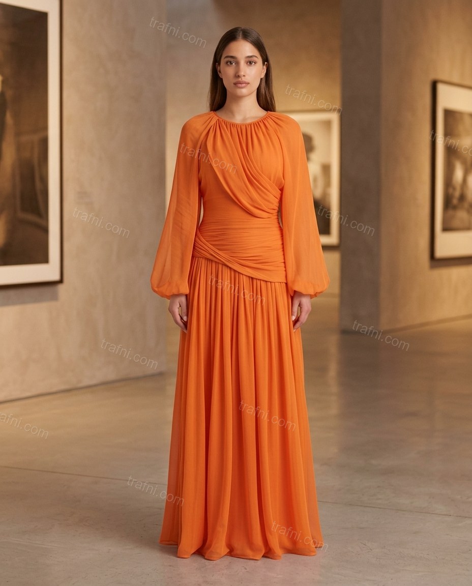 Orange Maxi Dress, three-quarter brand lifestyle view, by trafni.com