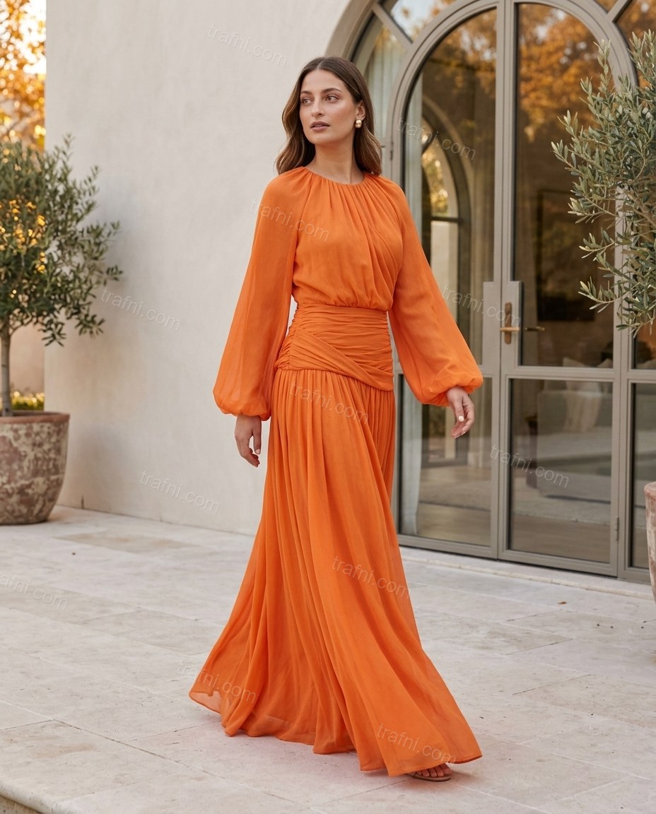 Orange Maxi Dress, alternate use-case lifestyle view, by trafni.com