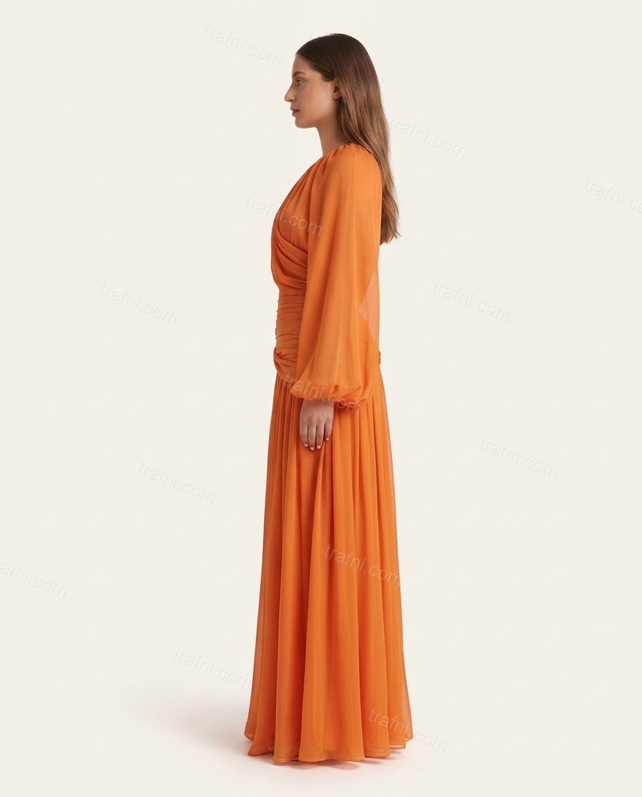 Orange Maxi Dress, side and back studio view, by trafni.com