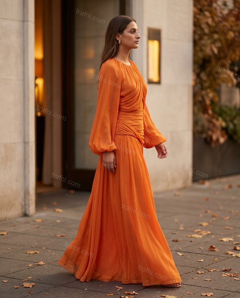 Orange Maxi Dress, movement and fit lifestyle view, by trafni.com