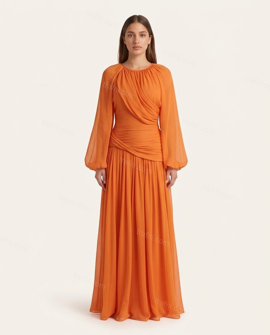 Orange Maxi Dress, front studio view, by trafni.com