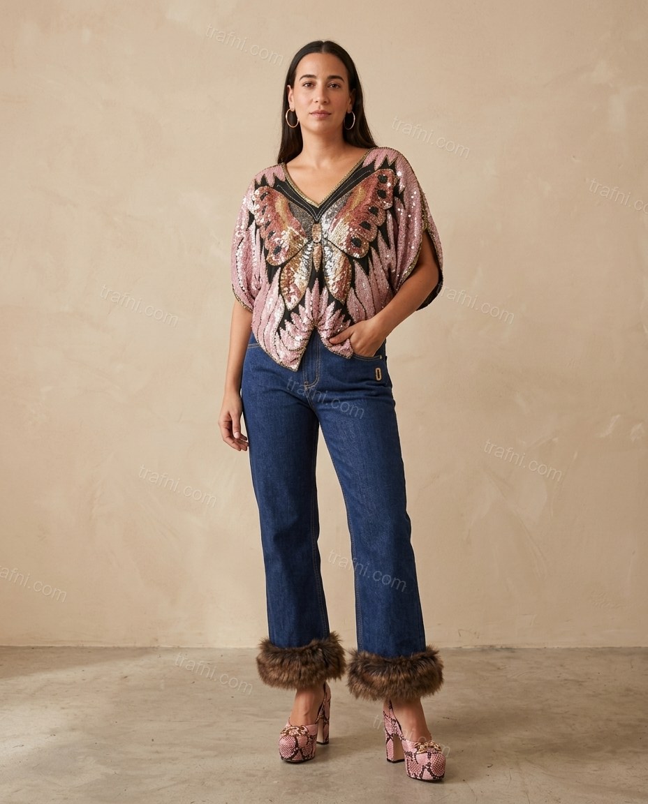 Pink Abstract Embroidered Faux-Fur Two-Piece Set, full-length hero view, by trafni.com