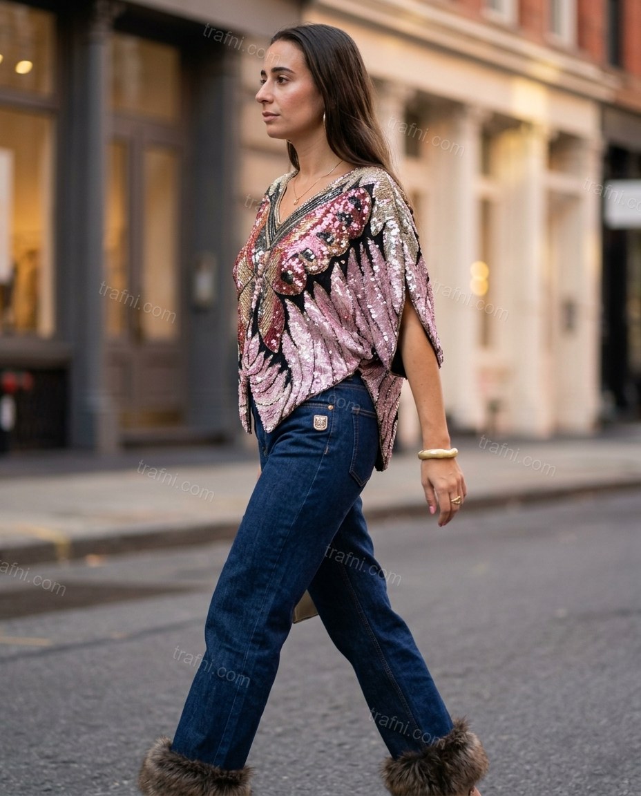 Pink Abstract Embroidered Faux-Fur Two-Piece Set, walking lifestyle view, by trafni.com
