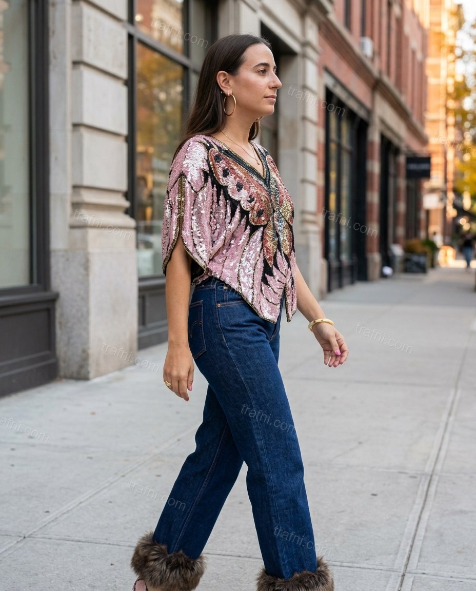 Pink Abstract Embroidered Faux-Fur Two-Piece Set, movement and fit lifestyle view, by trafni.com