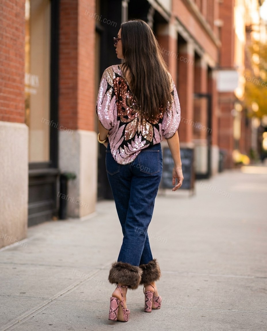 Pink Abstract Embroidered Faux-Fur Two-Piece Set, alternate use-case lifestyle view, by trafni.com