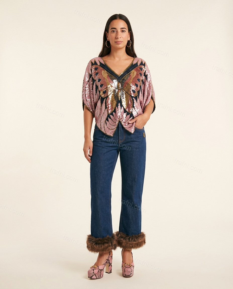 Pink Abstract Embroidered Faux-Fur Two-Piece Set, front studio view, by trafni.com