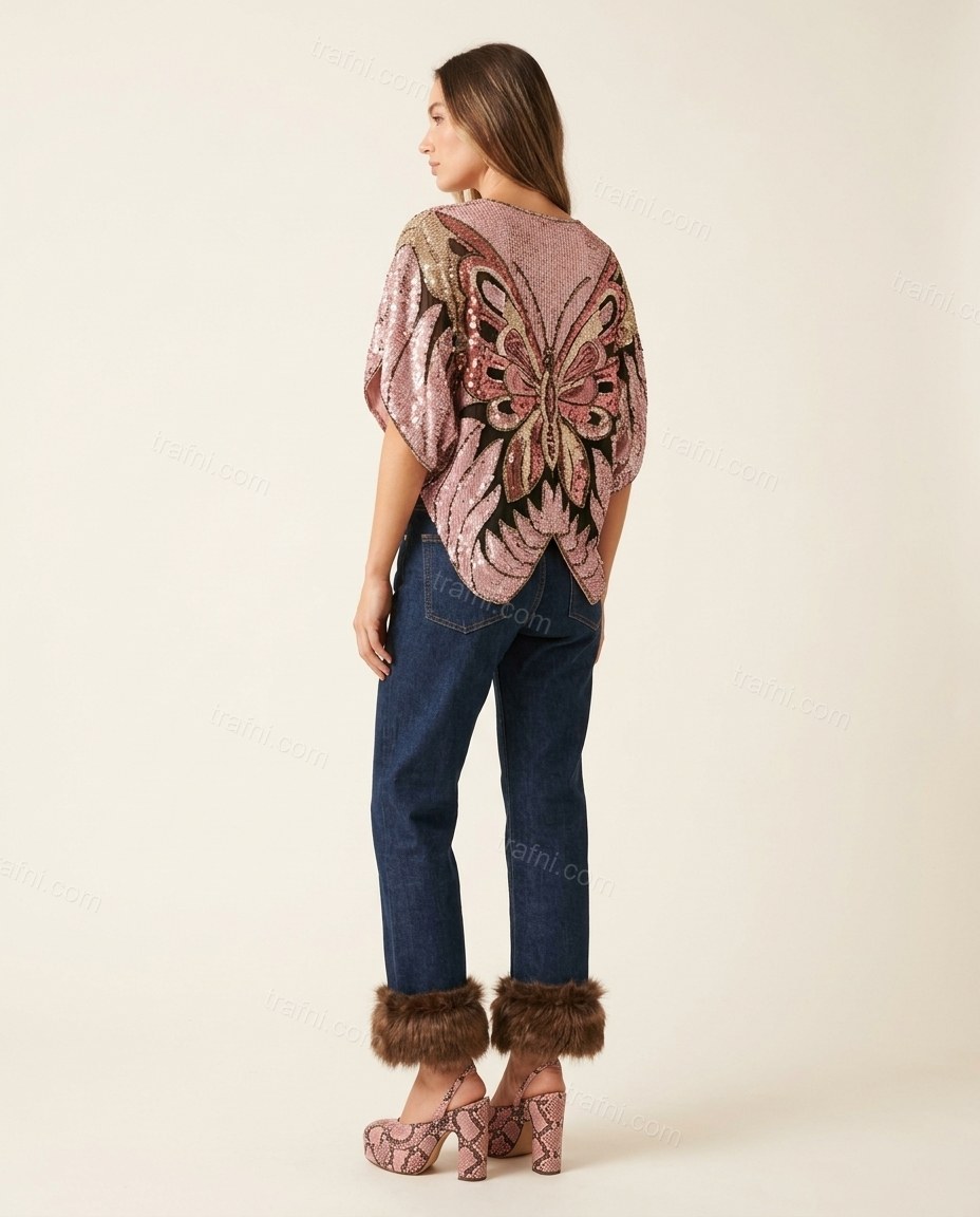 Pink Abstract Embroidered Faux-Fur Two-Piece Set, back studio view showing unknown/unclear, by trafni.com