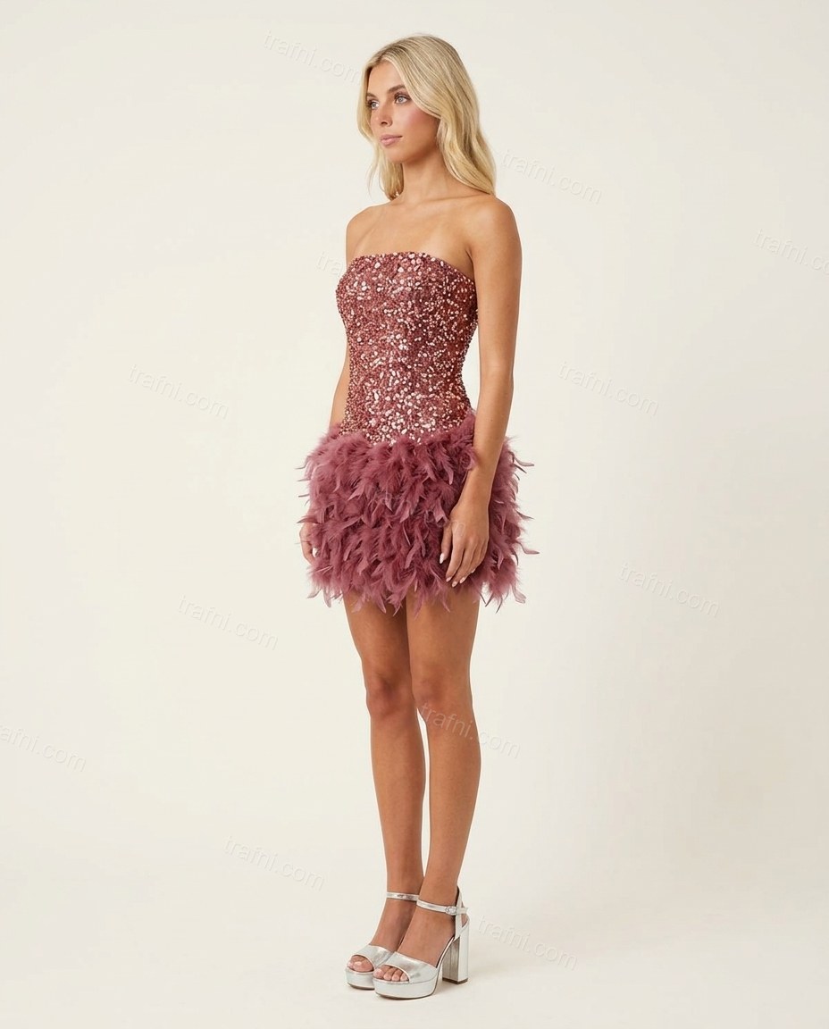 Rose Gold Mini Strapless Feather-Trim Dress, side and back studio view, by trafni.com