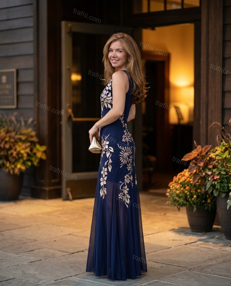 Navy Blue Floral Maxi Embroidered Dress, walking lifestyle view, by trafni.com