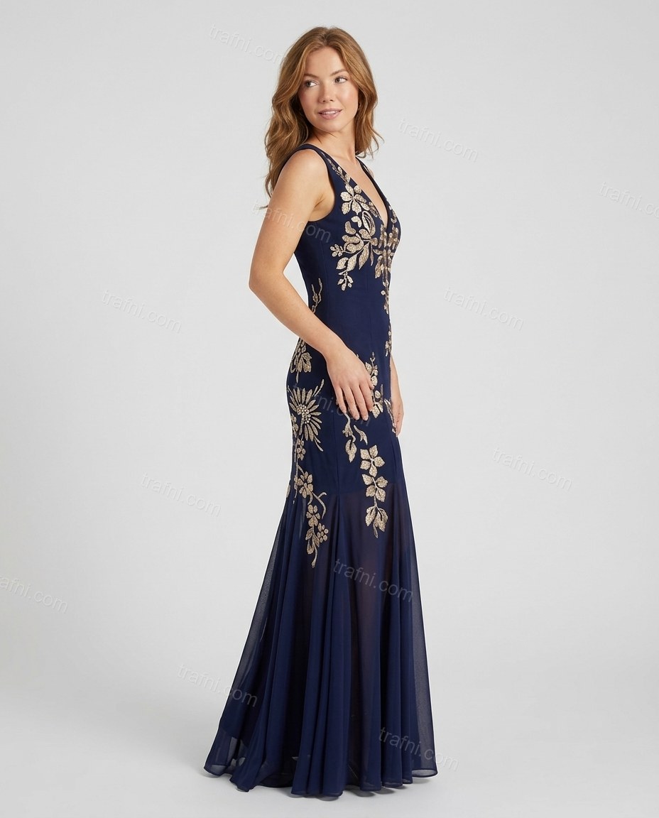 Navy Blue Floral Maxi Embroidered Dress, side and back studio view showing unknown, not visible, by trafni.com
