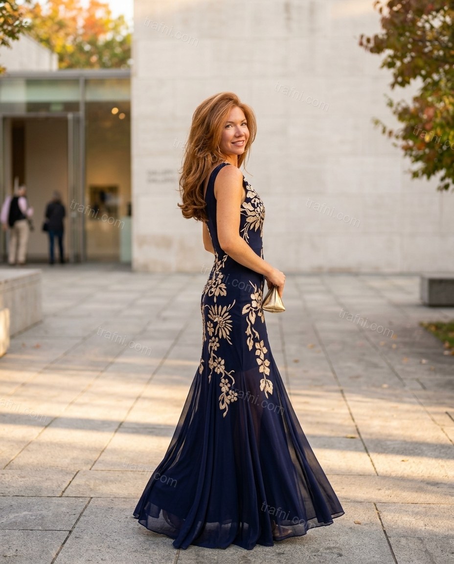 Navy Blue Floral Maxi Embroidered Dress, movement and fit lifestyle view, by trafni.com