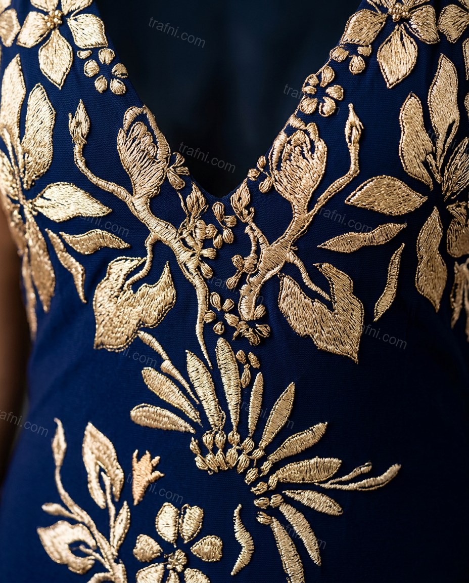 Navy Blue Floral Maxi Embroidered Dress, close-up of floral embroidery, by trafni.com