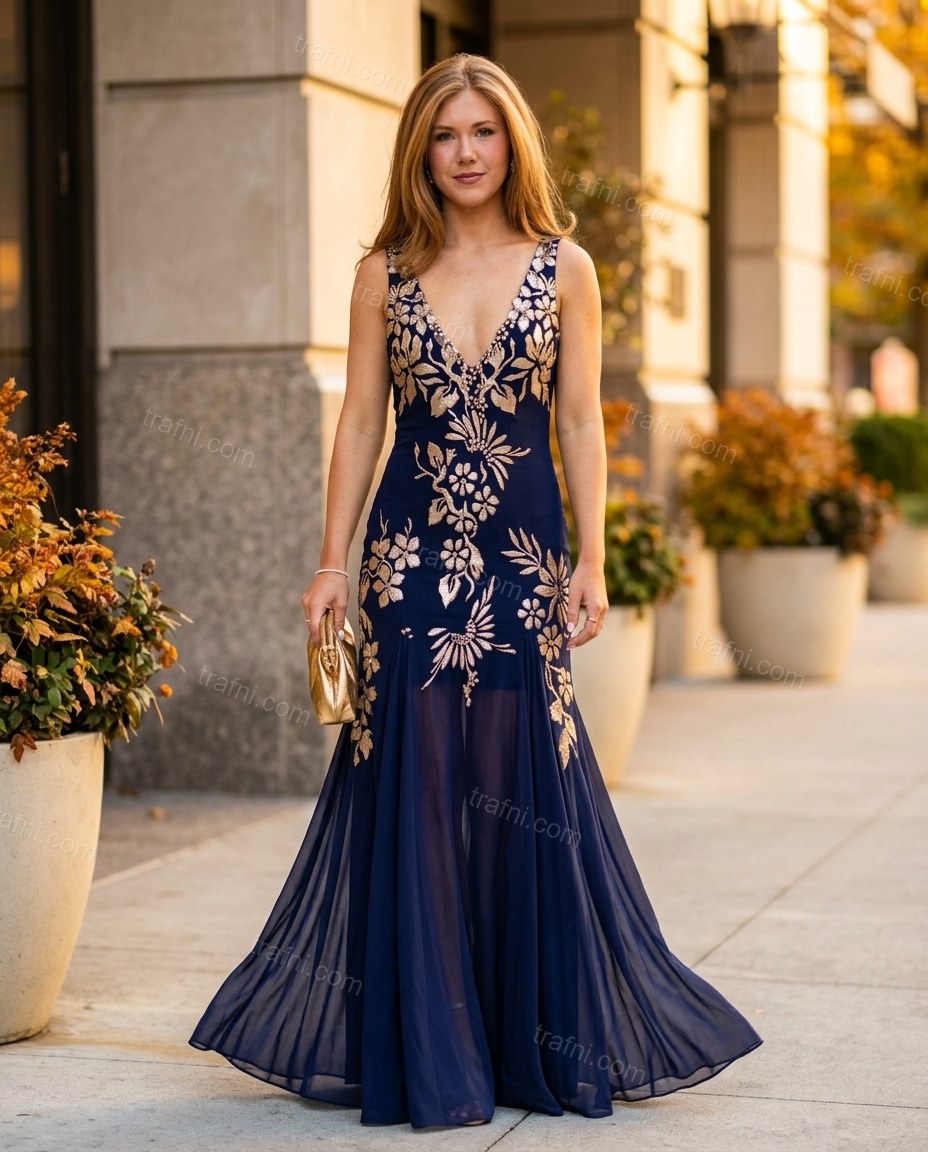 Navy Blue Floral Maxi Embroidered Dress, full-length hero view, by trafni.com