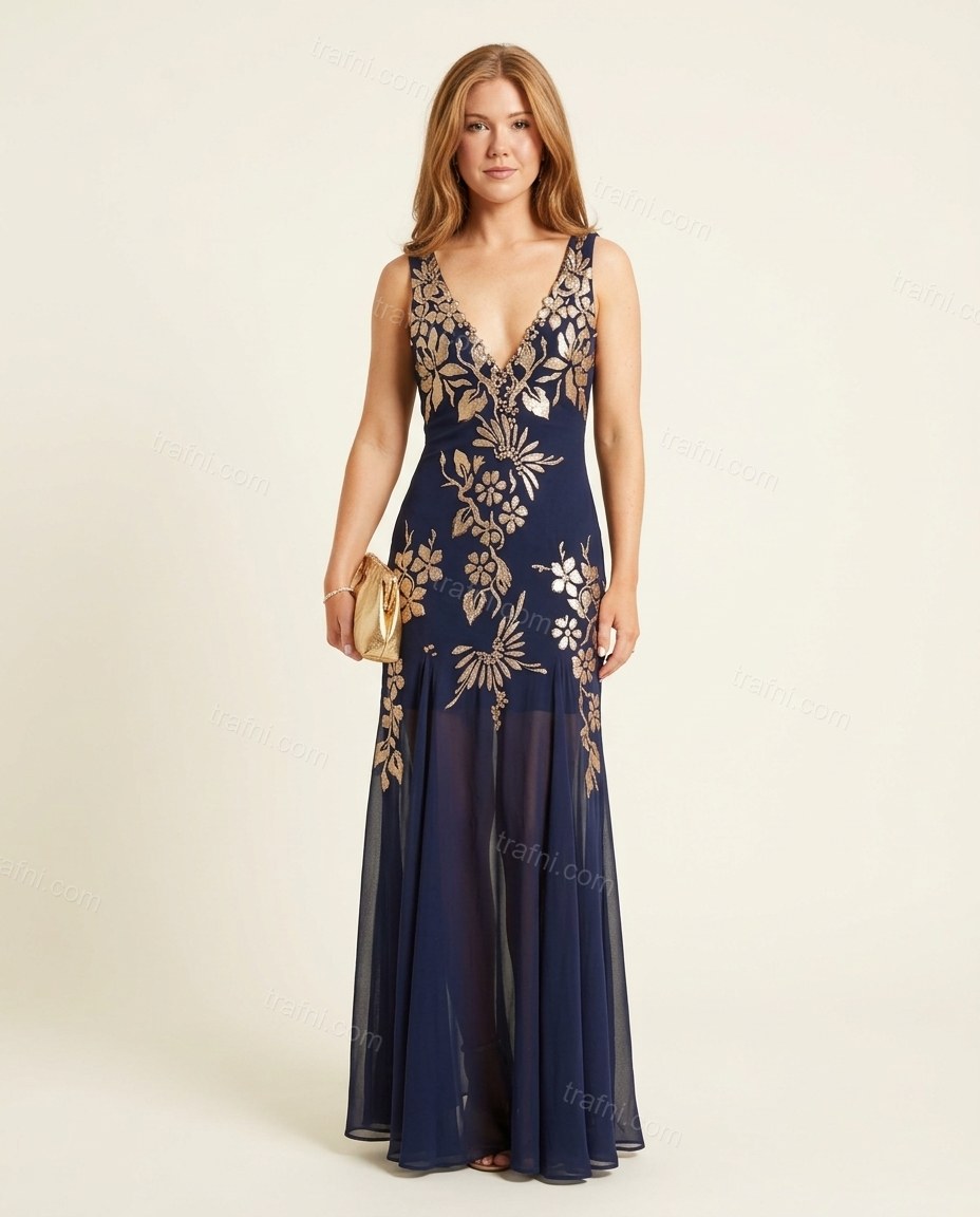 Navy Blue Floral Maxi Embroidered Dress, front studio view, by trafni.com