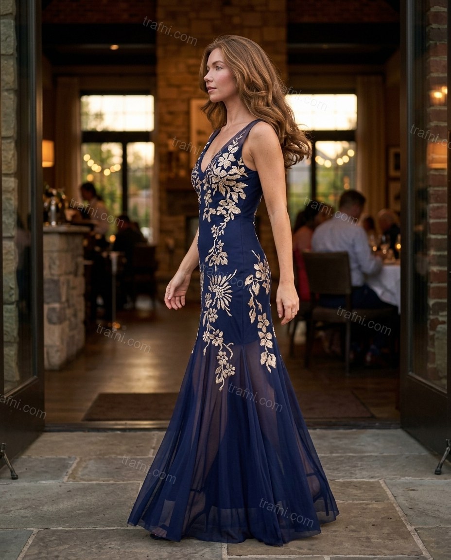 Navy Blue Floral Maxi Embroidered Dress, alternate use-case lifestyle view, by trafni.com