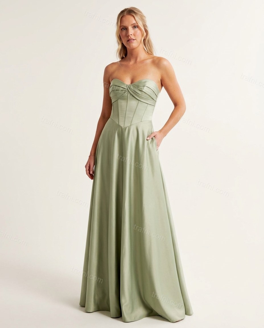 Sage Green Strapless Satin Bottom, side and back studio view showing strapless, straight back, center back zipper closure, by trafni.com
